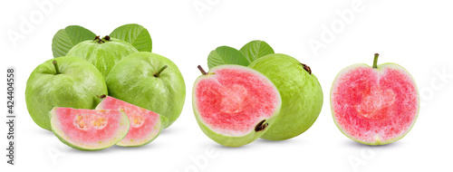 red guava fruit with leaf isolated on white background.