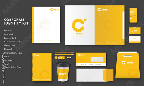 Yellow And White Color Corporate Identity Kits Presentation On Black Background.
