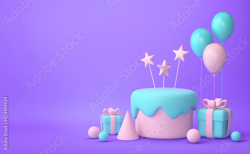Pastel pink and green cake, balloons, gift boxes on purple background. 3D rendering