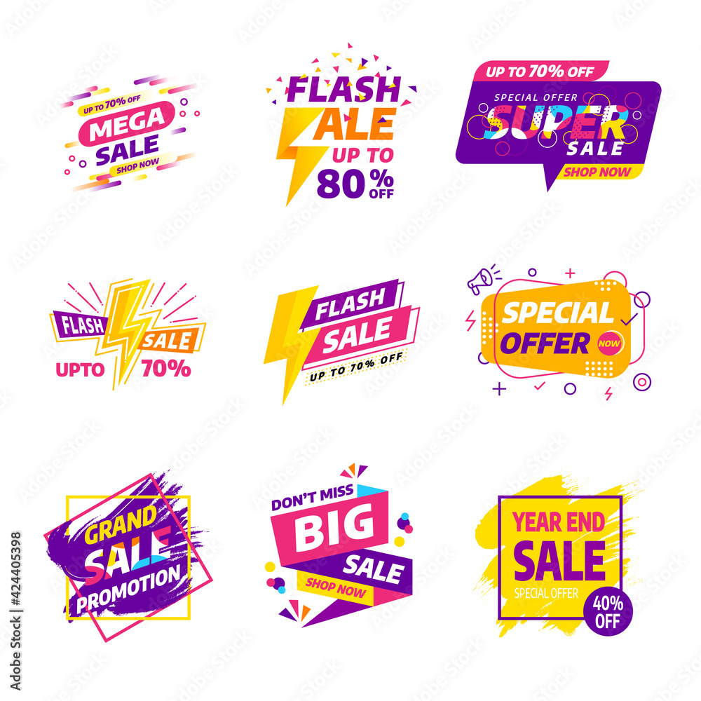 Sale banner badges design template vector set. Various style colorful concepts,year end,summer,flash,grand sale promotion