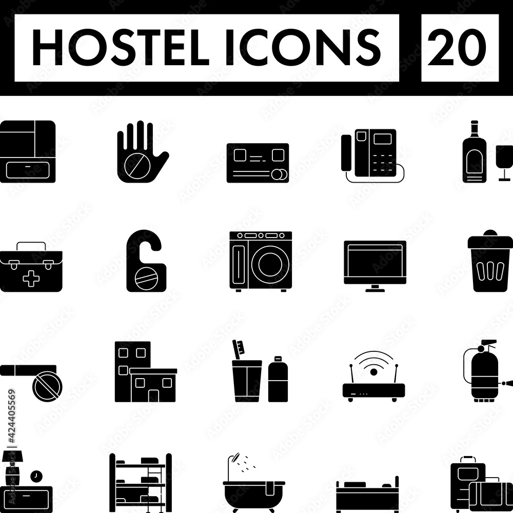 Illustration Of Hostel Icon Set In Glyph Style. Illustration Of Hostel Icon Set In Glyph Style.