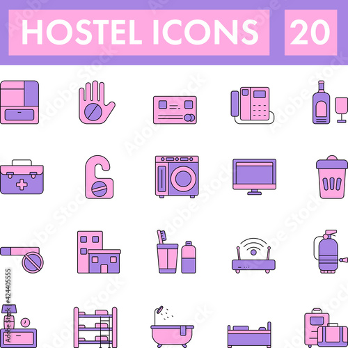 Isolated Hostel Icon Set In Pink And Purple Color.