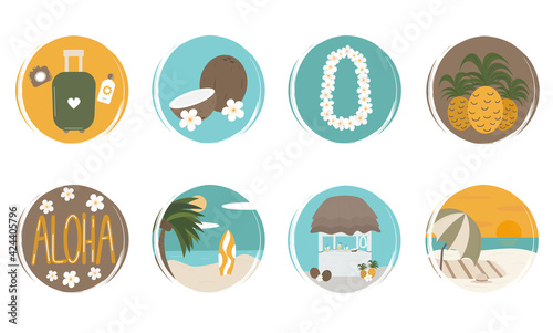 cute Vector set of logo design templates, icons and badges for social media highlight with Tropical summer hawaii elements