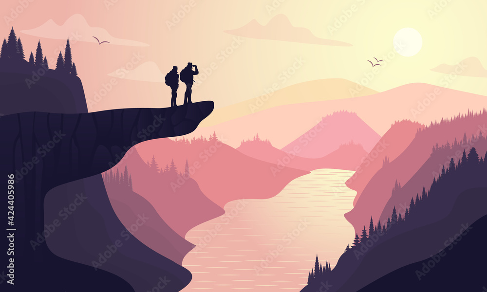 Hikers On A Cliff Adventure Nature Landscape Vector Illustration. Hikers On A Cliff Adventure Nature Landscape Vector Illustration.