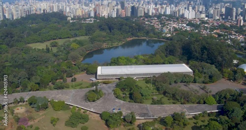 Aerial rising over pavilion of Brazilian cultures, Ibirapuera Park photo
