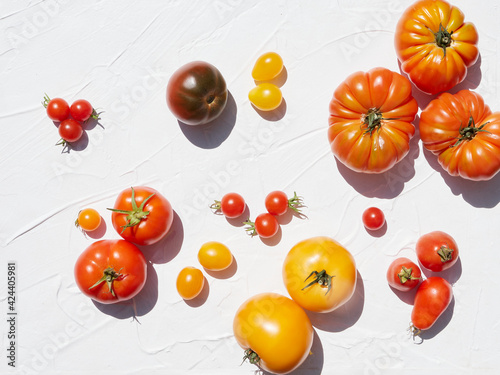 A variety of heirloom tomatoes in sunshine