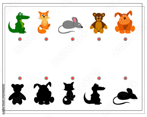 A game for kids, find the right shade for the cartoon animals. Crocodile cat mouse bear dog. Vector isolated on white background