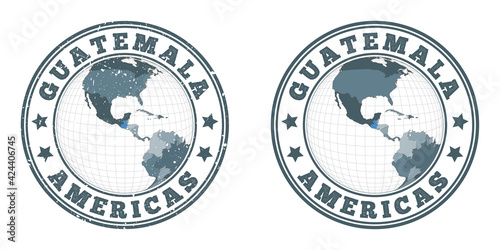 Guatemala round logos. Circular badges of country with map of Guatemala in world context. Plain and textured country stamps. Vector illustration. photo