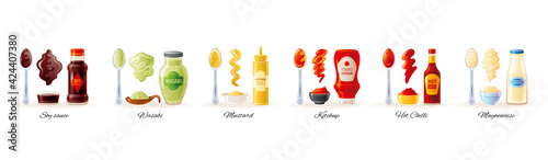 Sauce condiment bottles. Ketchup, mustard, mayonnaise, soy, hot bbq, wasabi. Food seasoning jar and bottle icon set. Cartoon vector packaging illustration. Chinese, Italian cuisine sauces.