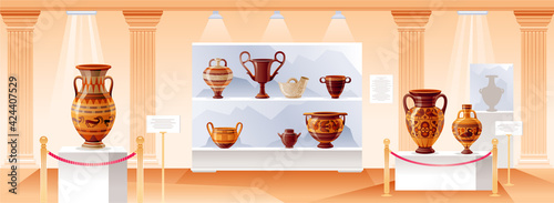 Museum interior. Vector ancient art illustration. Gallery exhibition. Old hall with antique pillar inside. Museum background with greek, roman clay crockery. Historical cartoon amphora, pot, jar, vase