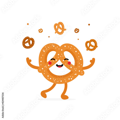 Cute cartoon style smiling pretzel, knot-shaped baked pastry character juggling, throwing up pretzels in air.