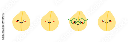 Set, collection of cute smiling cartoon style chickpeas, chick pea seeds characters for healthy vegan food design.