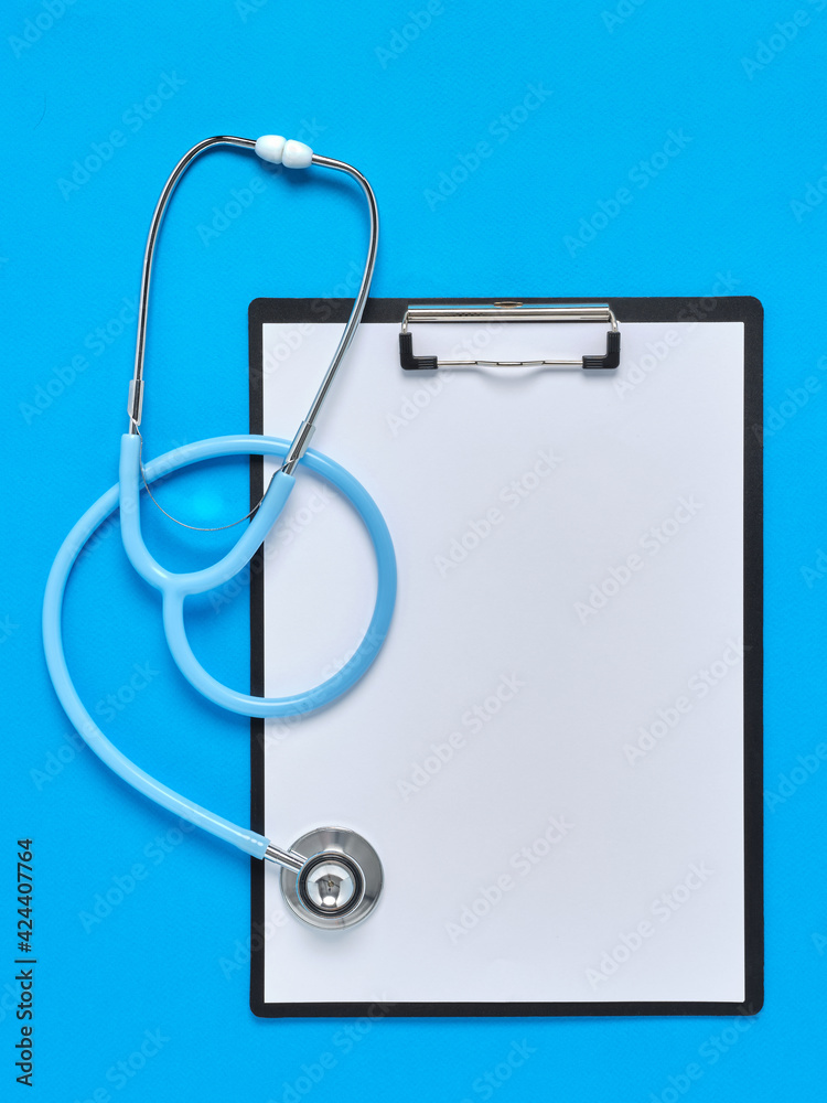 Blue medical stethoscope and note display Blue medical stethoscope and note display
