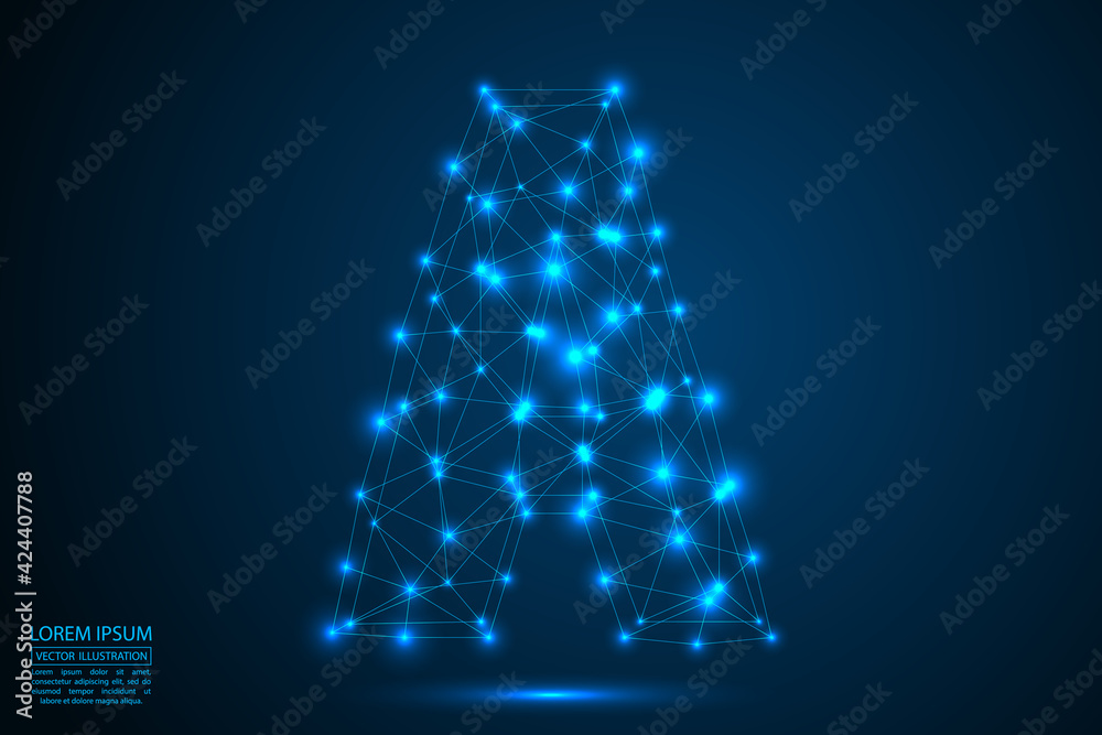 Abstract letters font is made up of triangles, lines, dots and ...