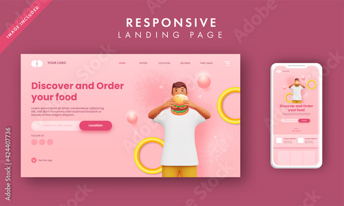 Responsive Landing Page With 3D Rendering Man Holding Burger On Pink Background For Order Food.
