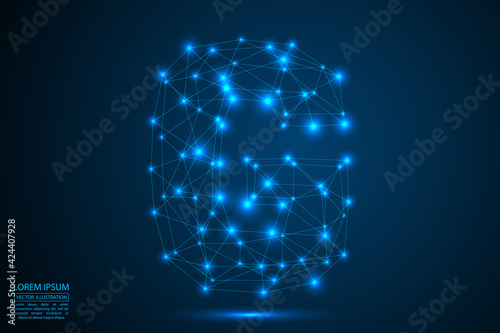 Abstract letters font is made up of triangles, lines, dots and connections. On a dark blue background, stars of the cosmic universe, meteorites, galaxies. Vector illustration eps 10.