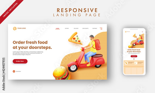 Responsive Landing Page With 3D Rendering Delivery Boy Riding Scooter For Doorstep Service.