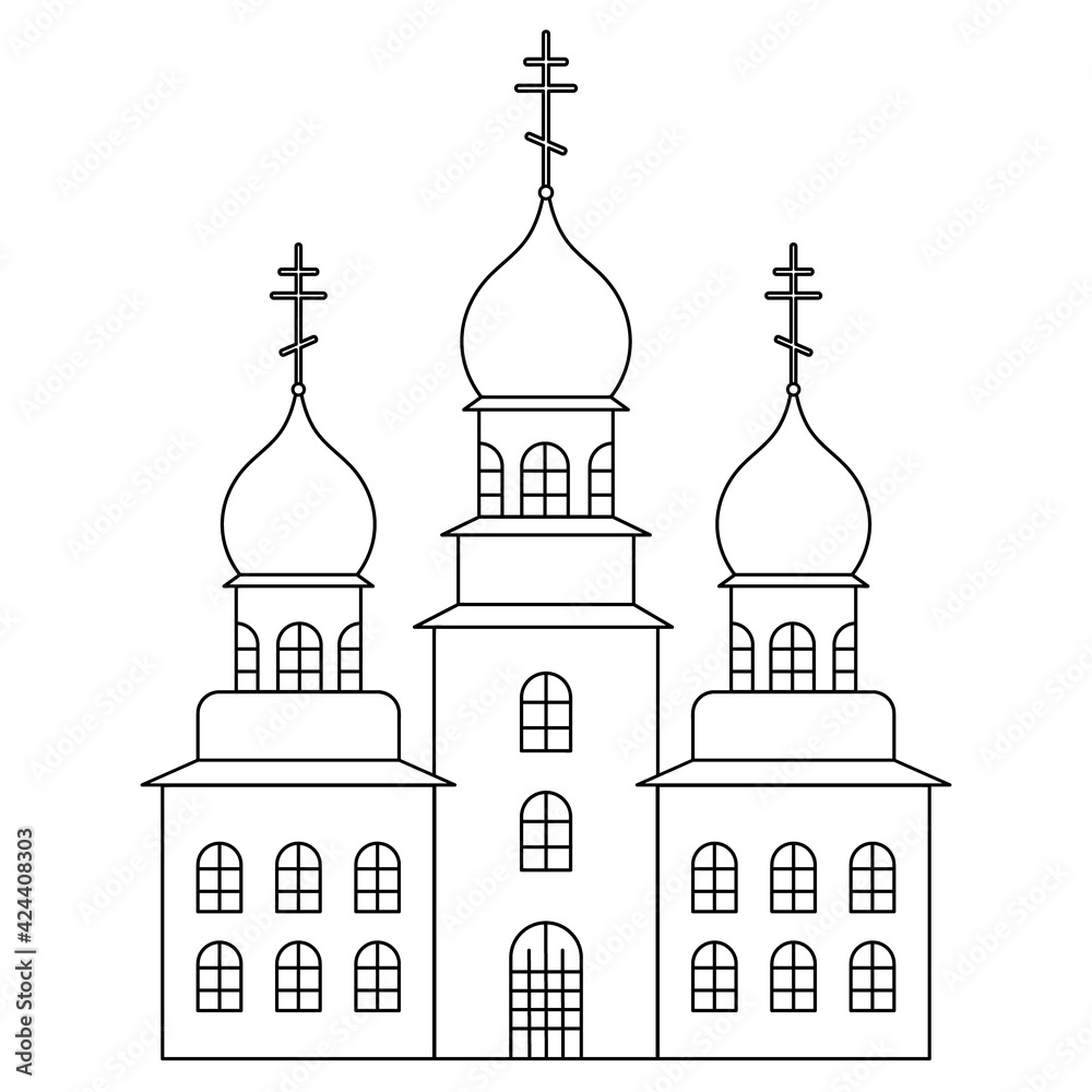 Church. Sketch. Temple with domes decorated with crosses. Vector illustration. Coloring book for children. Outline on white isolated background. Doodle style. Light Easter. Religious motives. 