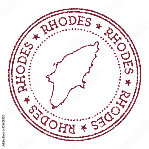 Rhodes round rubber stamp with island map. Vintage red passport stamp with circular text and stars, vector illustration.