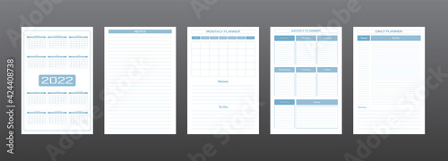2022 calendar daily weekly monthly personal planner diary template in strict minimalist urban style gray blue color. individual schedule Week starts on sunday