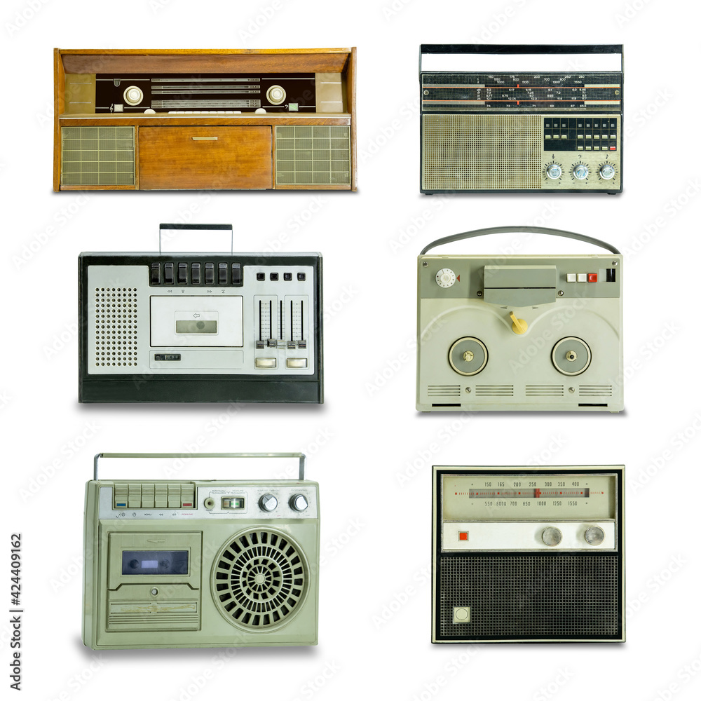 Obraz premium A few old radios on a white background.