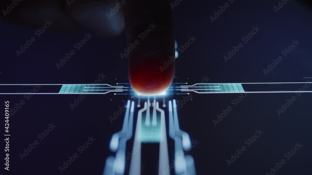 AI concept. Human Hand Tapping on Digital Device Button Activating User Interface with Personal Code and Data Information. Scanning Fingerprint technology. Cyber Security for Personal Purpose.