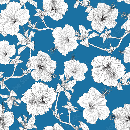 Seamless pattern tropical summer with Black-white Hibiscus flowers on isolated blue background.Vector illustration hand drawing line art.