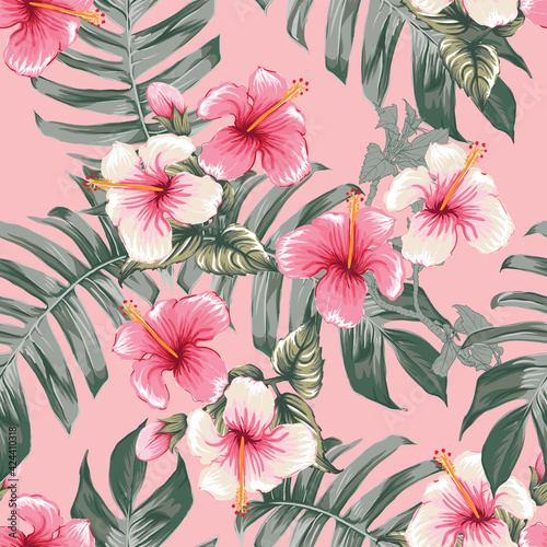 Seamless floral pattern pink Hibiscus flowers on isolated dark pink pastel background.Vector illustration watercolor hand drawning.For fabric print design texture © NOPPHACHAI