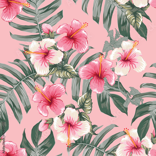 Seamless floral pattern pink Hibiscus flowers on isolated dark pink pastel background.Vector illustration watercolor hand drawning.For fabric print design texture