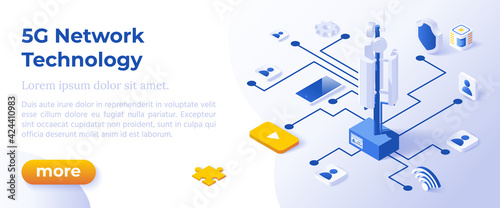 5G NETWORK TECHNOLOGY - Isometric Design in Trendy Colors Isometrical Icons on Blue Background. Banner Layout Template for Website Development