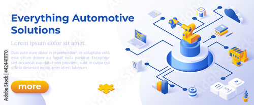 EVERYTHING AUTOMOTIVE SOLUTIONS - Isometric Design in Trendy Colors Isometrical Icons on Blue Background. Banner Layout Template for Website Development