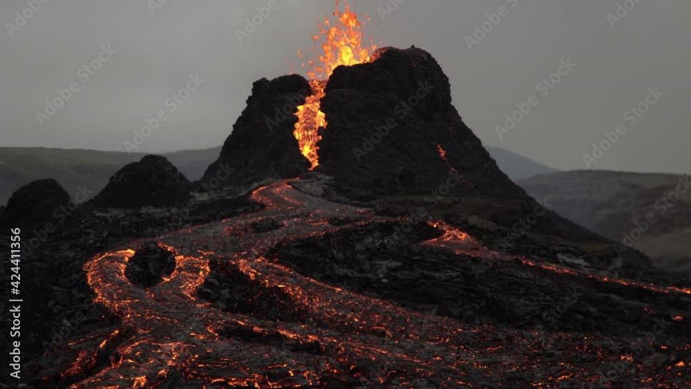 Volcanic eruption Iceland 2021 cone and lava flow close up