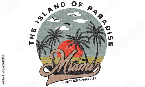 The Miami island of paradise sundown with flamingo beach vector artwork for summer.