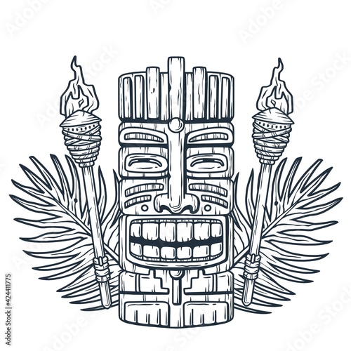 Set of trendy hawaii wooden tiki mask for surfing bar. Traditional ethnic idol and hawaiian surf, maori or polynesian. Old tribal totem torch