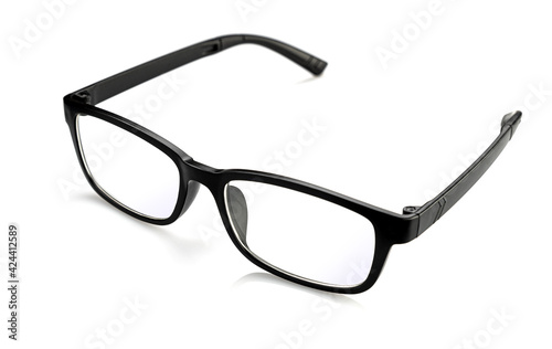 Glasses in black, with transparent optics, on a white background