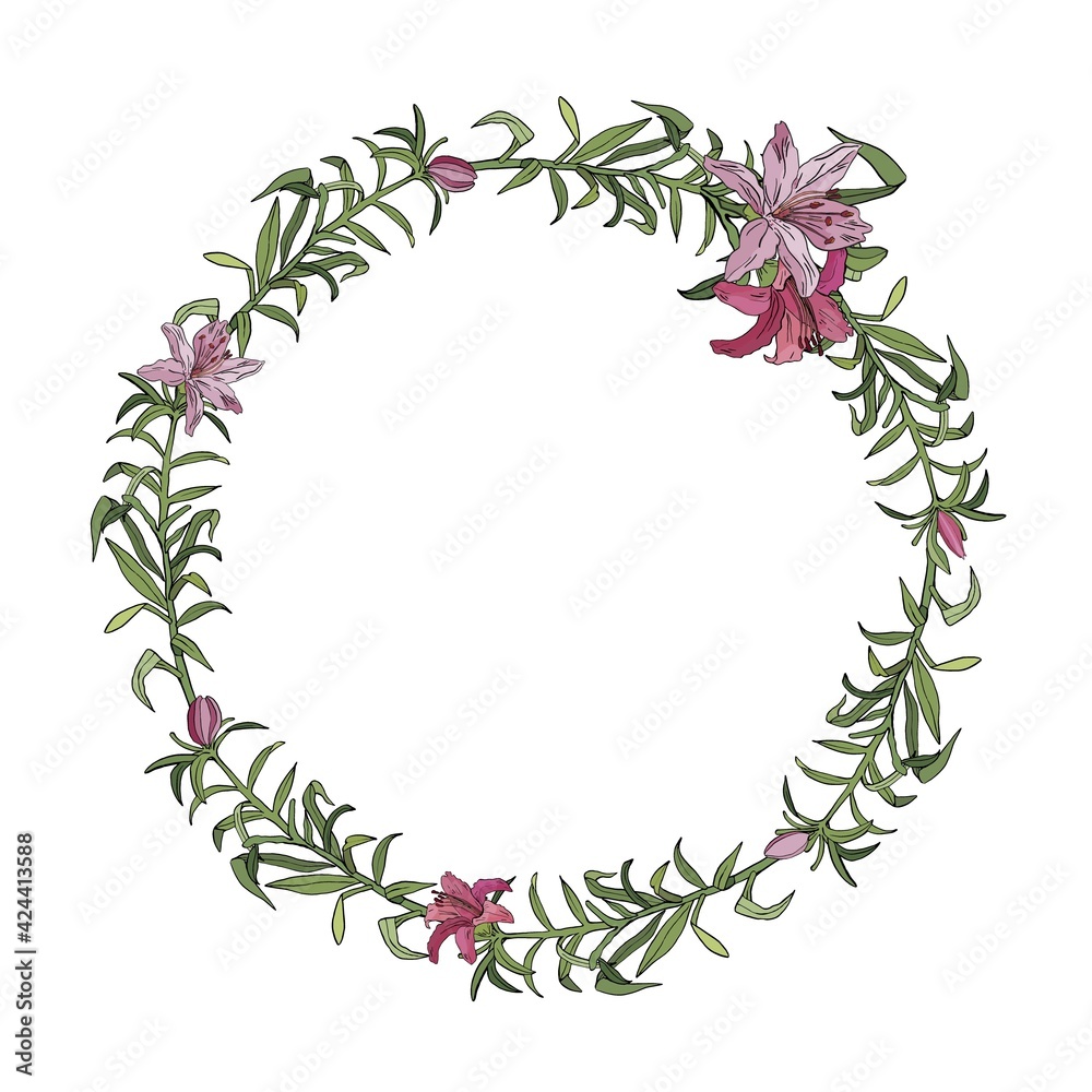 Pink lily flower frame card background design for invitation vector