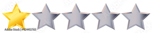 One 1 star rank sign. Glossy golden star sticker icon rating isolated on white background. 3d one gold star from five gray stars. Vector isolated illustration EPS10