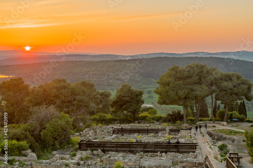 Sunset view of ancient ruins in Tzipori, and landscape photo