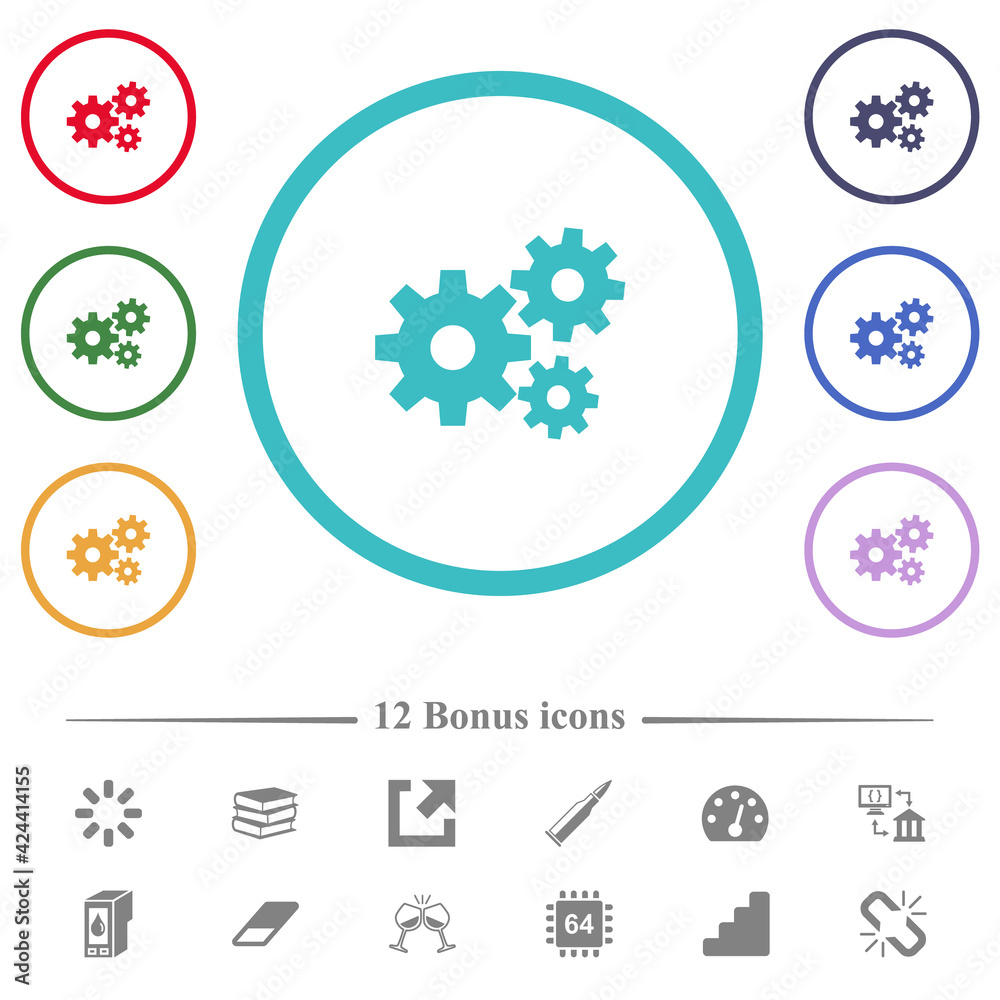Gears flat color icons in circle shape outlines