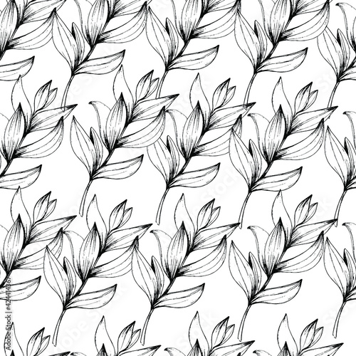 Pattern with tropical leaves at different angles, home green plants, palms. manual graphics. Botanical flower, pencil, plant element for textile decor and wallpaper. isolated stock art