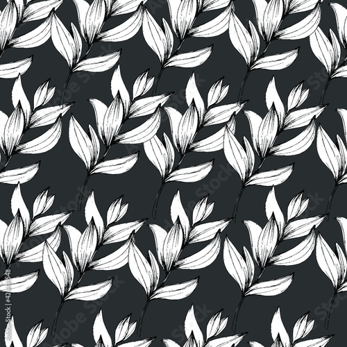 Pattern with tropical leaves at different angles, home green plants, palms. manual graphics. Botanical flower, pencil, plant element for textile decor and wallpaper. isolated stock art