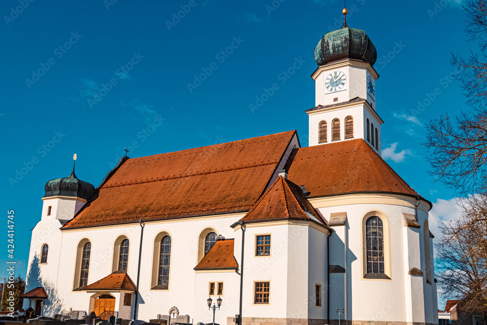 Beautiful church on a sunny winter day at Oberwinkling, Bavaria, Germany