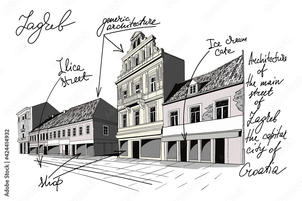 Hand drawn ink line sketch of Ilica street in Zagreb, Croatia.