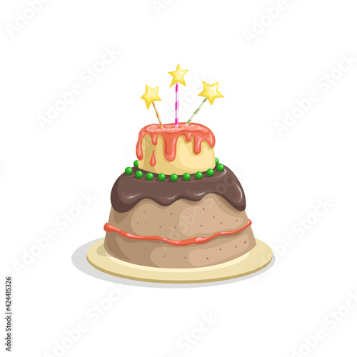 Birthday cake with candle  chocolate cream and cherry decorations. Cartoon style vector drawing. Dessert for celebration in funny style. Isolated on white.