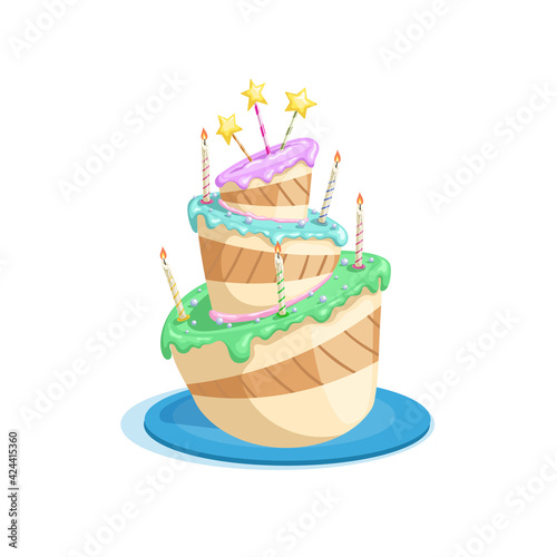 Birthdsy cake with stars, candles, colorful cream decorations. Cartoon style vector drawing. Dessert for celebration in funny style. Isolated on white. photo