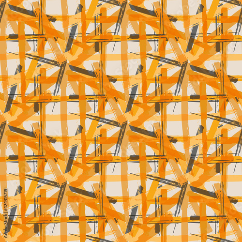 Vector braid effect weave seamless interlace pattern background. Macrame style ribbon plait lattice orange beige ochre backdrop. Geometric modern baroque grid knotwork. All over print for packaging