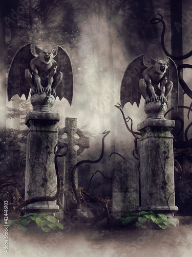 Photographie Dark landscape with a gate to a cemetery guarded by two stone gargoyles