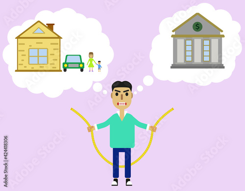 Make ends meet concept. Man holding rope connecting the bank and house with wife and kid