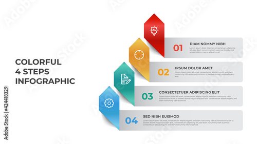Business infographic element template vector with 4 points of steps, row list diagram layout with arrows, data visualization chart.