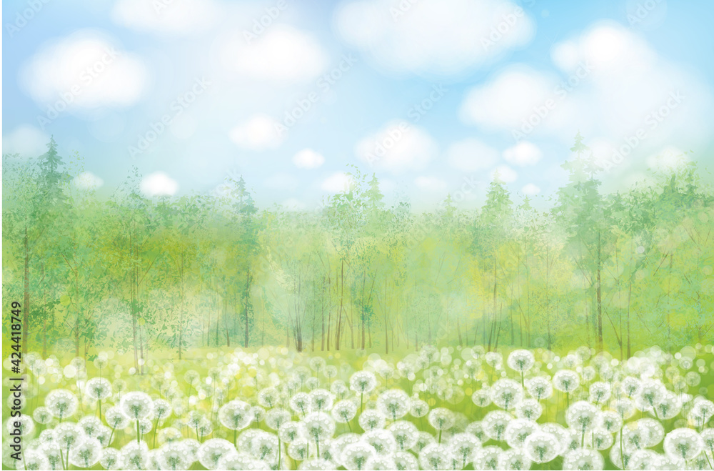 Vector white dandelions meadow.  Spring nature background.